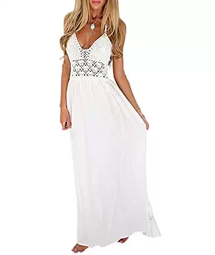 LILBETTER Women's Beach Crochet Backless Bohemian Halter Maxi Long Dress (White,X-Small)