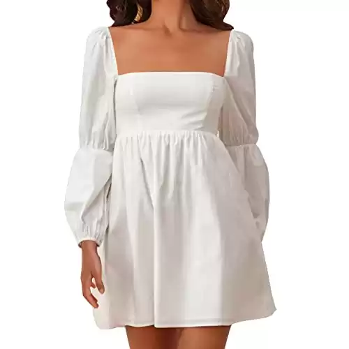 EXLURA Womens Square Neck Dress Long Puff Sleeve A-Line Casual Short Mini Dress White