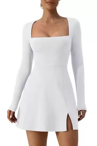 QINSEN Womens Sexy Square Neck Long Sleeve Above Knee Length Bodycon Mini Dress White L