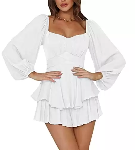 LYANER Women's Jumpsuit Lantern Long Sleeve Ruffle Layer Tie Mini Short Romper Solid White Medium