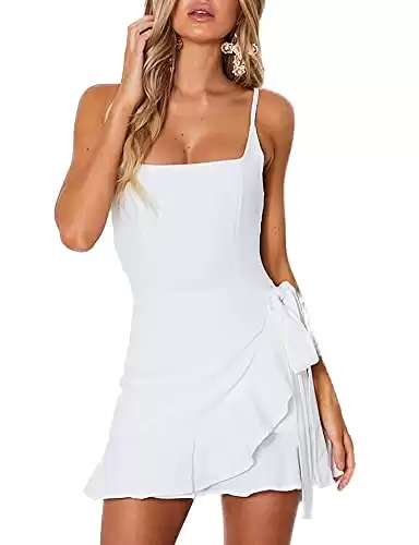 Relipop Women's Dress Spaghetti Strap Waist Tie Knot Wrap Front Ruffle Hem Short Dress (White, Small)