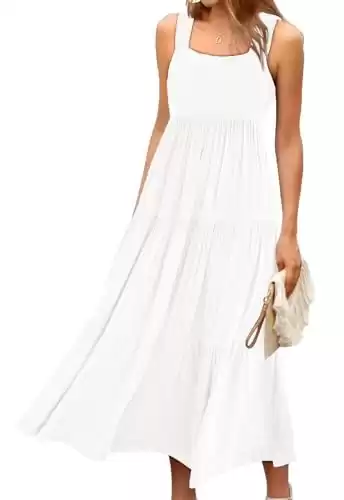 PRETTYGARDEN Women's Sleeveless Tank Tiered Maxi Dress Solid Color Flowy Chiffon Summer Dresses for Women 2024 Wedding Guest (White,Small)