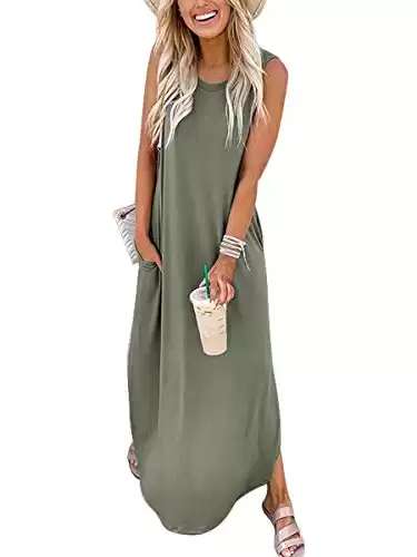 ANRABESS Women Dresses Sleeveless Split Long Maxi Beach Dress for Beach with Pockets A19ganlanlv-L Olive