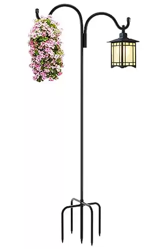 Gtongoko 92 Inch Adjustable Double Shepherd Hook with 5 Prong Base, 5/8 Inch Thick Heavy Duty Bird Feeder Pole for Bird Feeder Lanterns Weddings Decor 1 Pack