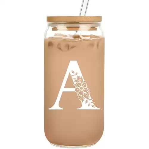 Personalized Gifts for Women, Monogrammed Glass Cups with Lids and Straws, Custom Tumbler, Cute Customized Mug, Aesthetic Stuff, Initial Iced Coffee Cup, Drinking Glasses, Birthday Teacher Gifts, A