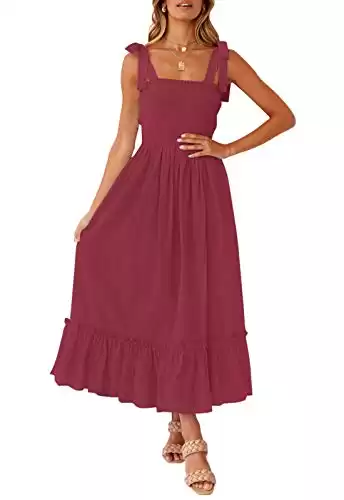 ZESICA Women's 2024 Summer Boho Spaghetti Strap Square Neck Solid Color Ruffle A Line Beach Long Maxi Dress,Red,X-Small