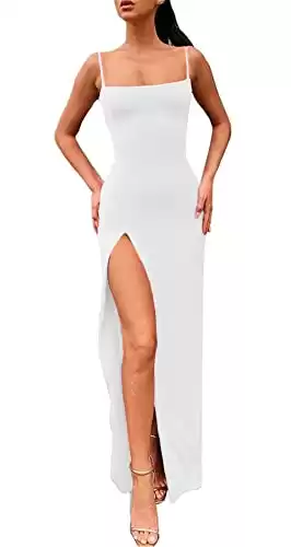 PRIMODA Women's Spaghetti Strap Backless Thigh-high Slit Bodycon Maxi Long Dress Club Party Dress(White M)