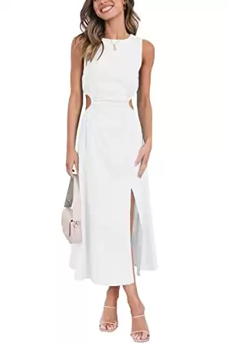 LILLUSORY Womens 2024 Casual Summer White Midi Linen Cotton Church Dresses Cut Out Sleeveless Classy Party Cute Dress