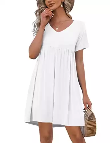 Imily Bela Womens Summer Casual T Shirt Dresses V Neck Short Sleeve Swing Dress with Pockets White