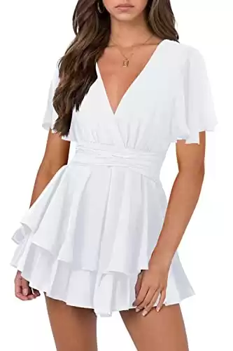 Hocuos Women's Dress Cute Deep V-Neck Short Sleeve Skater Dress Tie Waist Layer Ruffle Hem A Line Swing Casual Mini Dress-White-Medium