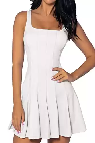 QINSEN Woman's Strappy Sports Workout Dress Ribbed Pleated Mini Length Tennis Dress Wihte L White