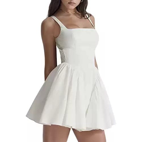 Women Cute Sweet Mini Dress Spaghetti Strap Tiered Short Dress Backless Strappy A line Flare Graduation Dress (Backless White, S)