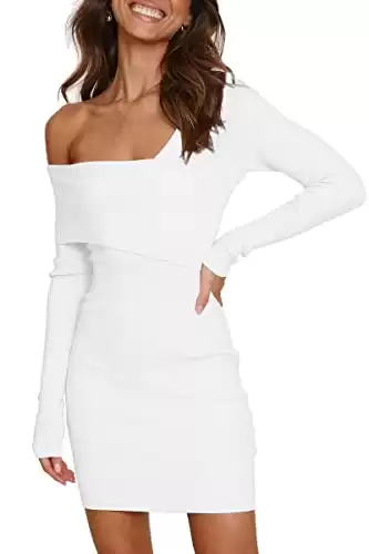 LILLUSORY Sweater Dress Long Sleeve Women's Bodycon Mini Off One Shoulder Sexy Casual Semi Formal Cocktail Going Out Wedding Guest Date Dresses 2024 Spring Fashion Trendy Clothes Outfits White