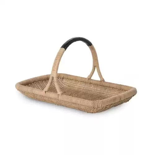 KOUBOO Vegetable & Flower Wicker Basket, Handwoven Rattan Basket with Leather-Wrapped Arch Handle, Organization & Home Decor for Storage, Gardening, Picnics, & Serving, Natural Color, Smal...