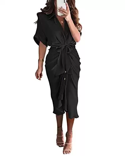 BTFBM Women 2023 Button Down Ruched Shirt Dresses Short Sleeve Lapel V Neck Elegant Party Spring Summer Maxi Satin Dress(Short Sleeve Black, Medium)