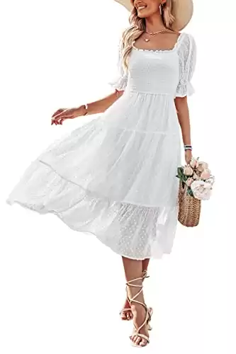 MEROKEETY Women's 2023 White Dress Summer Square Neck Puff Sleeve Boho Midi Dress Swiss Dot Ruffle Flowy Tie Back Dress, White, S