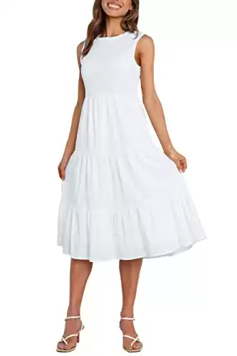 ZESICA Women's 2024 Summer Casual Sleeveless Crew Neck Smocked High Waist Flowy Tiered A Line Midi Dress,White,Medium