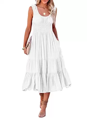 AlvaQ Women's Summer Casual Flowy Sleeveless Relaxed Fit Smocked Elastic Waist Tiered Midi Dress with Pockets White Large