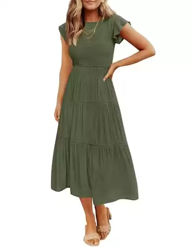 ZESICA Women's 2023 Summer Casual Flutter Short Sleeve Crew Neck Smocked Elastic Waist Tiered Midi Dress,ArmyGreen,Medium