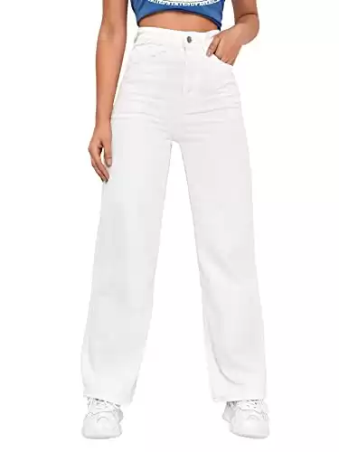 SweatyRocks Women's Casual Loose High Waist Solid Straight Wide Leg Jeans White Elastic Waist S