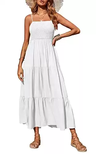 PRETTYGARDEN Women's Summer Maxi Dress Casual Boho Sleeveless Spaghetti Strap Smocked Tiered Long Beach Sun Dresses White