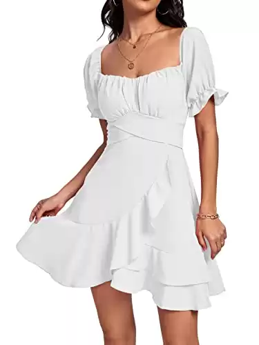 LYANER Women s Square Neck Ruffle Wrap Mini Dress Off Shoulder Flounce Short Sleeve A Line Flowy Dress Pure White Small