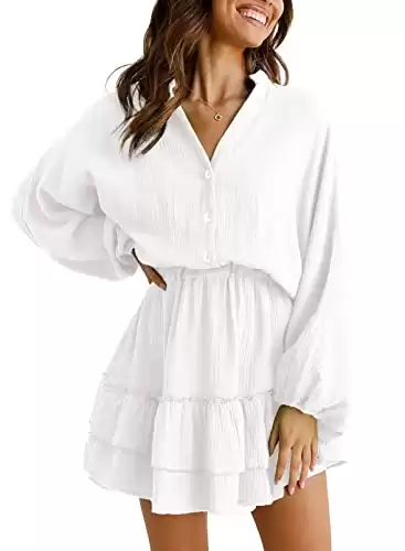 RAISECOM Women's Dress V Neck Long Lantern Sleeves Ruffle Tiered Solid Swing Mini Dress White