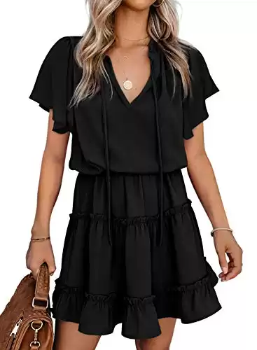 Dokotoo Womens Cute Spring Summer Casual Sexy Deep V Neck Ruffle Chiffon Lantern Short Sleeve Elegant Empire Waist Flowy Mini Skirt Dresses for Women Party 2023 Black Medium