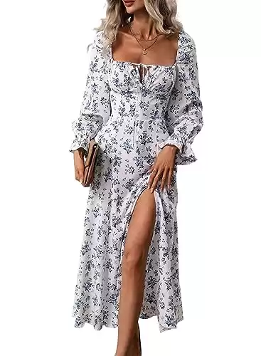 BLENCOT Casual Women's Square Neck Long Sleeve Split Thigh Dress Boho Floral Print A-line Tie Front Midi Dresses White S