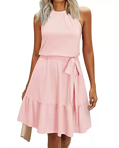 Newshows Women's Summer Halter Solid Dresses Boho Casual Vacation Sleeveless Ruffle Work Sundress with Pockets(Pink, Small)