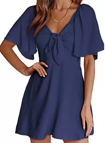 Dokotoo Women's Dresses Cute Spring Dresses for Women 2023 Casual Sexy Deep V Neck Ruffle Elegant Flowy Mini Short Skirt Dress Blue