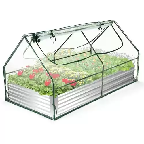 Homdox 6x3x3ft Galvanized Raised Garden Bed with Cover Outdoor Extra-Thick Metal Planter Box Kit,w/ 2 Roll-Up Large Screen Windows Mini Greenhouse 1 Pair of Gloves for Growing Flowers etc (Clear)