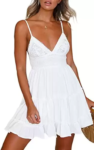 ECOWISH Womens V-Neck Spaghetti Strap Bowknot Backless Sleeveless Lace Mini Swing Skater Dress White Small