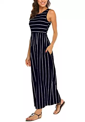 Hount Women's Summer Sleeveless Striped Flowy Casual Long Maxi Dress with Pockets (Navy Blue, Small)