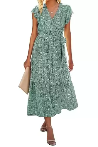 BTFBM Women Summer Bohemian Floral Casual Wrap V Neck Ruffle Cap Sleeveless Belt A-Line Pleated Hem Swing Midi Sun Dress (Dark Green, m)