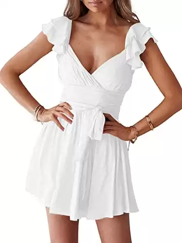 LYANER Women's Wrap Deep V Neck Ruffle Cap Sleeve Tie Waist Sexy Swing Skater Mini Dress White Medium