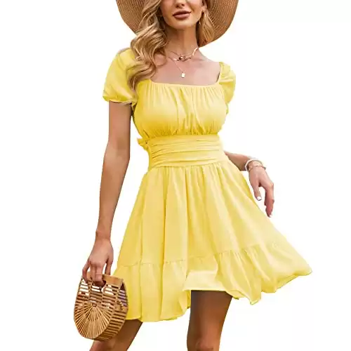 EXLURA Women's Tie Back Square Neck Short Puff Sleeve Casual Dresses A Line Sundress Mini Dress Golden Yellow