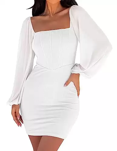 ZESICA Women's 2024 Summer Puff Long Sleeve Square Neck Ruched Bodycon Cocktail Party Club Short Mini Dress,White,Small