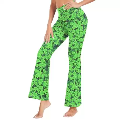 Dallonan Flare Yoga Pants Women Leggings Soft High Waisted Pants Green Clover St. Patrick's Day Large