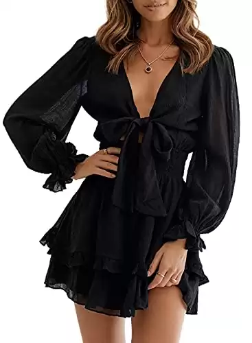 AlvaQ Womens Spring Summer Knot Front V Neck Ruffles Long Sleeve Swing Mini Dress Floral Print Sundresses Black Large