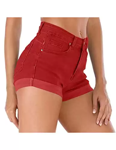 Cuihur Women's Summer High Waisted Denim Shorts Folded Hem Casual Short Jeans Red 18