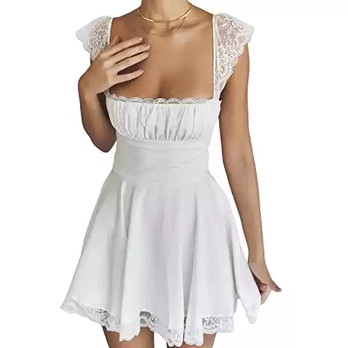 Women Fairy Lace Mini Dress Spaghetti Strap A-Line Short Dresses Sleeveless Backless Sundress Party Club Cami Dress (Ruffle Hem White, S)