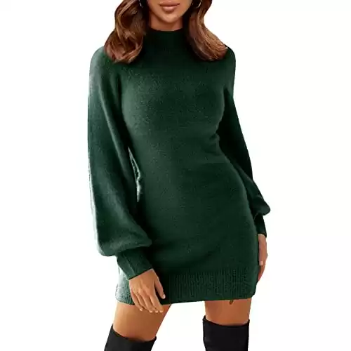 EXLURA Women's Mock Neck Ribbed Long Sleeve Bodycon Pullover Cute Mini Sweater Dress Dark Olive Green