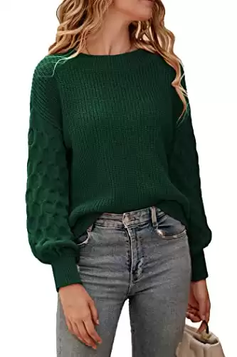 PRETTYGARDEN Women's 2023 Winter Pullover Sweater Casual Long Sleeve Crewneck Loose Chunky Knit Jumper Tops Blouse (Dark Green,Large)