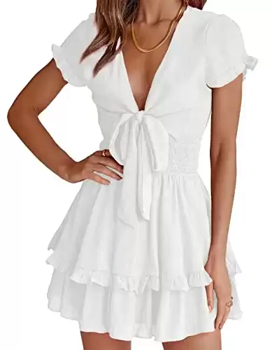 PRETTYGARDEN Women's 2023 Summer Swing Mini Dress Tie Front V Neck Short Sleeve Ruffle Layer A-Line Short Dress(White,Large)