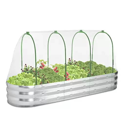 POTEY Raised Garden Bed with Greenhouse Galvanized Planter Box with 2 Greenhouse Cover for Outdoor Gardening Garden Box for Fruit, Vegetable, Flower, Herbs and Strawberry Plant