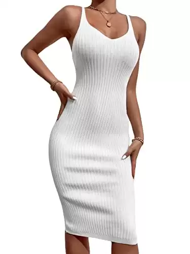 SOLY HUX Women's Elegant Ribbed Knit Sleeveless V Neck Bodycon Pencil Midi Dress Solid Long Summer Tank Dresses Solid White S