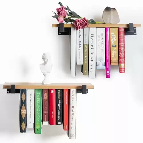 VEBAVO Floating Bookshelves Set of 2 - Double Storage Unique Wall Bookshelf - Natural Wood & Metal Brackets Bookshelf Wall Mount, Innovative Space-Saving Solution Hanging Bookshelf (16.5W x 6.7D)