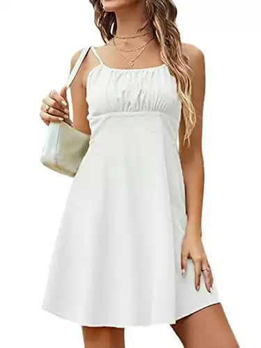 KIFOVEN Women's Scoop Neck Sleeveless Spaghetti Strap Ruched A Line Flare Mini Dress White Medium