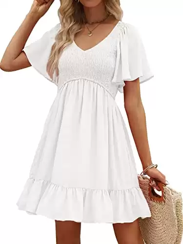 LILLUSORY White Graduation Dress Summer Dress 2024 Mini Dress Flowy Dress Casual Dress Smocked V Neck Modest Beach Dresses